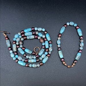 Vintage Southwestern Blue Agate and Genuine Pearl Necklace & Bracelet Set